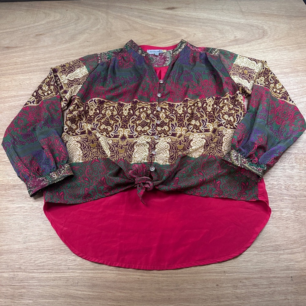 Figueroa & Flower Red Boho Paisley Tie Front Blouse Womens Small